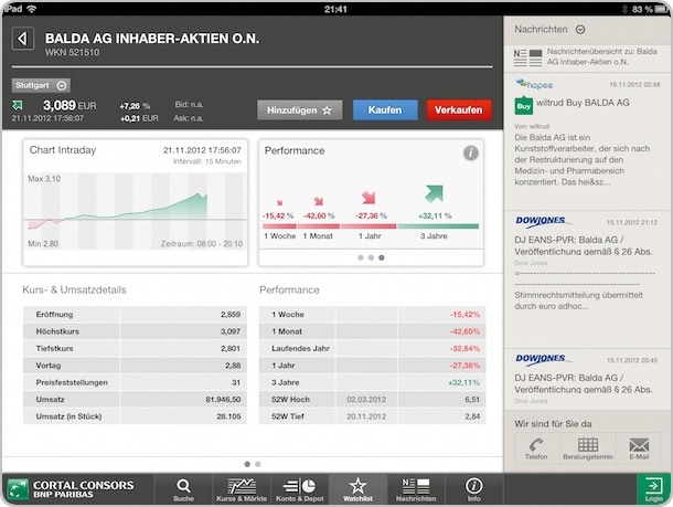 Balda AG im Snapshot auf der Cortal Consors App für das iPad