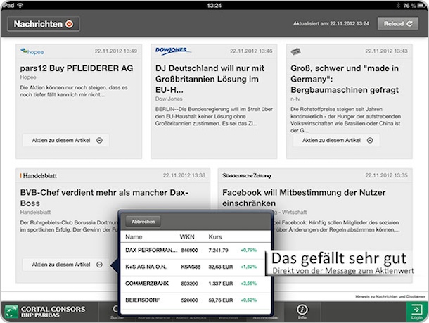 Von der Nachricht direkt zum Aktienwert schwenken - mit der Cortal Consors App möglich