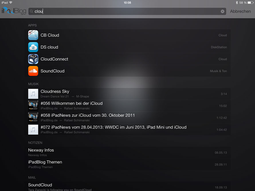 Spotlight. Suche auf dem iPad unter iOS7