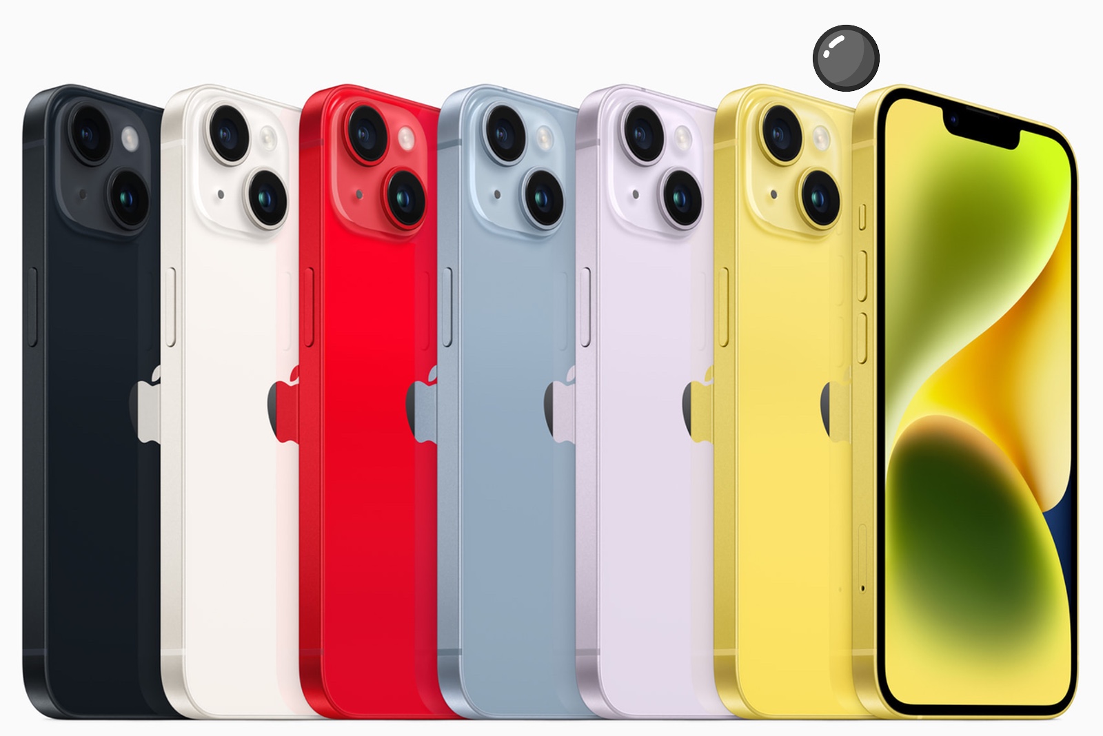 iPhone 14 und iPhone 14 Plus gibt es in sechs wunderschönen Farben: Mitternacht, Polarstern, (PRODUCT)RED, Blau, Violett und das neue Gelb