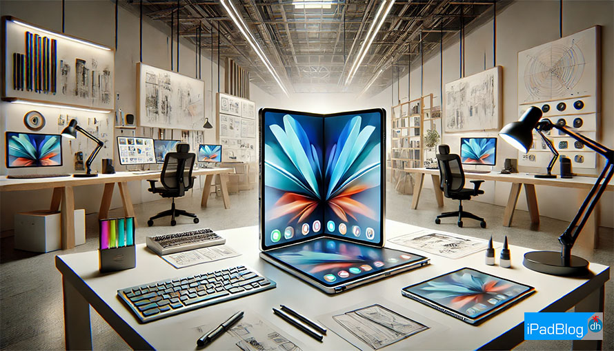 Bild zum Thema "Designstudio iPad Foldable". Es visualisiert das innovative Design und die futuristischen Details, die das Konzept auszeichnen. Perfekt, um die Kreativität und Technologie hinter diesem revolutionären Produkt zu präsentieren